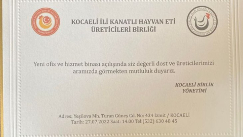 Kocaeli İli Kanatlı Hayvan Eti Üreticileri Birliği'nden Büyük Açılışa Davet