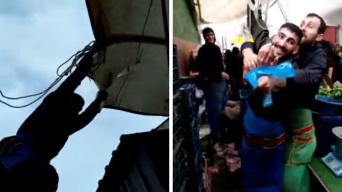 Fırtınada çadırını bağlarken uçma tehlikesi yaşayan pazarcı kamerada