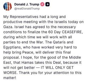 ABD Başkanı Trump’tan Gazze’de ateşkes açıklaması: "İsrail 60 günlük ateşkese dair koşulları kabul etti"