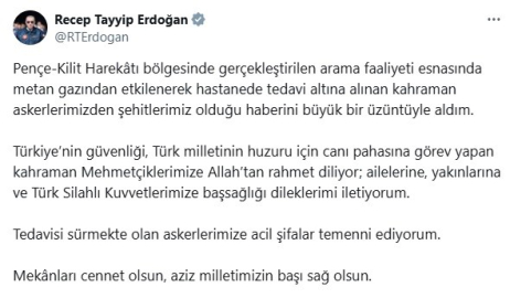 Cumhurbaşkanı Erdoğan’dan Pençe-Kilit bölgesindeki şehitler için taziye mesajı