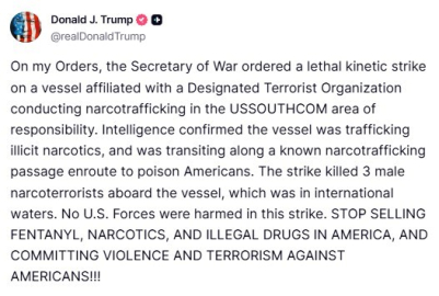 ABD Başkanı Trump: "Uyuşturucu taşıyan bir tekneye saldırı düzenleyerek 3 narko-teröristi öldürdük"