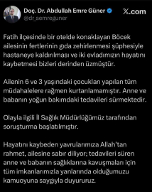 İstanbul İl Sağlık Müdürü Güner: "Ailenin 3 ve 6 yaşlarındaki çocukları yapılan tüm müdahalelere rağmen kurtarılamamıştır"