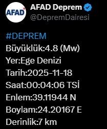 Ege Denizi’nde 4.8 büyüklüğünde deprem
