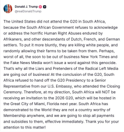 ABD Başkanı Donald Trump: "Güney Afrika Miami’de yapılacak 2026 G20 Zirvesi’ne davet edilmeyecek"