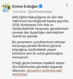 Emine Erdoğan’dan "2026 Uluslararası Sıfır Atık ve Sürdürülebilirlik Yarışması"na ilişkin paylaşım