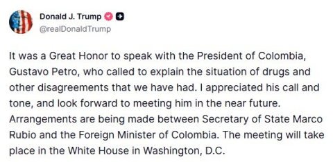 Trump, Kolombiya Devlet Başkanı Petro ile telefonda konuştuğunu duyurdu: "Beni aramasını ve üslubunu takdir ettim"