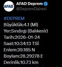 Balıkesir’de 4.1 büyüklüğünde deprem