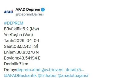 Van’da 5.2 büyüklüğünde deprem