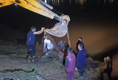 Dicle Nehri’ne düşen ineği itfaiye iş makinesiyle kurtardı