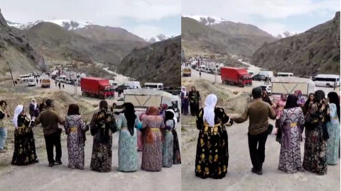 Hakkari-Van yolunda heyelan yolu kapattı, halay moral oldu