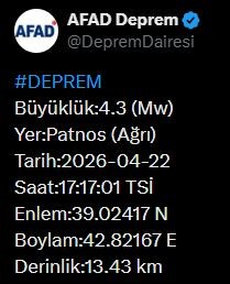 Ağrı’da 4.3 büyüklüğünde deprem