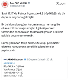 Ağrı’da 4,3 büyüklüğünde deprem