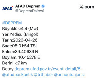 Bingöl’de 4.4 büyüklüğünde deprem