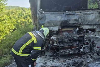 Zonguldak’ta seyir halindeki kamyon alev alev yandı
