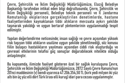 Elazığ’da özel bir hastaneye 47 milyon lira ceza kesildi
