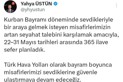 Türk Hava Yolları, Kurban Bayramı tatili için 365 ilave sefer planladı
