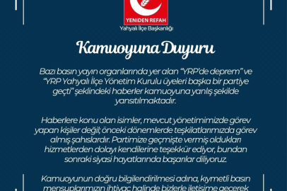 YRP Kayseri İl Başkanlığı’ndan kamuoyu açıklaması
